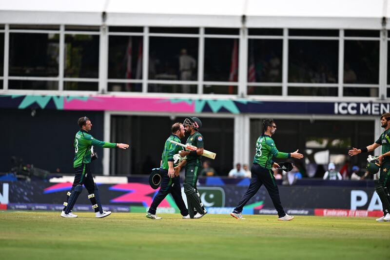 Pakistan's players celebrate after winning during the game. Photograph: Chandan Khanna/AFP via Getty Images