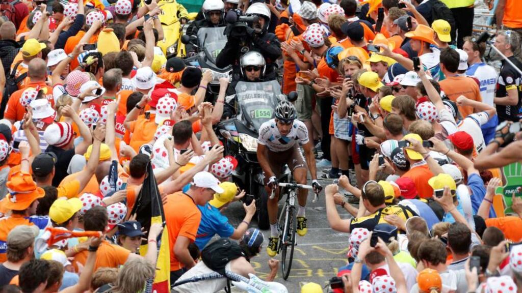 AG2r La Mondiale team rider Christophe Riblon of France on l’Alpe d’Huez yesterday on his way to winning Stage 18 of the Tour de France. Photograph: Jean-Paul Pelissier/Reuters