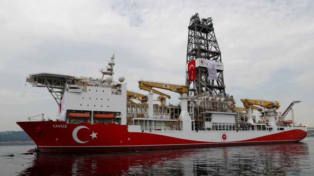 Turkish ship Yavuz anchored off Cyprus’s east coast in preparation for drilling. Photograph: Murad Sezer/Reuters
