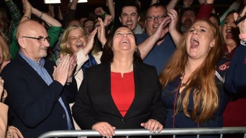 Sinn Féin leader Mary Lou McDonald celebrates with her supporters after being elected at the RDS Count centre. The party   spent €15,725 from February 2nd to election day on February 8th on Facebook ads. Photograph: Charles McQuillan/Getty