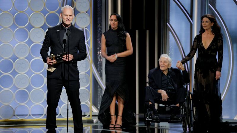 Martin McDonagh accepting the award for Best Screenplay Motion Picture for “Three Billboards Outside Ebbing, Missouri”. Photograph: Paul Drinkwater/Courtesy of NBC/Retuers