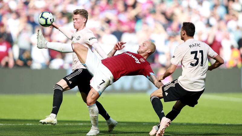 West Ham United’s Marko Arnautovic is challenged by Manchester United’s Scott McTominay during the Premier League match at London Stadium. Photograph: Ian Walton/PA Wire