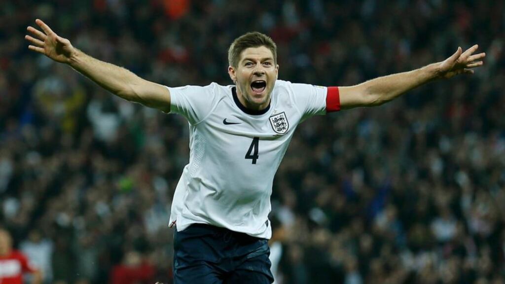 England captain Steven Gerrard celebrates his late goal during the World Cup qualifying game against Poland at Wembley.