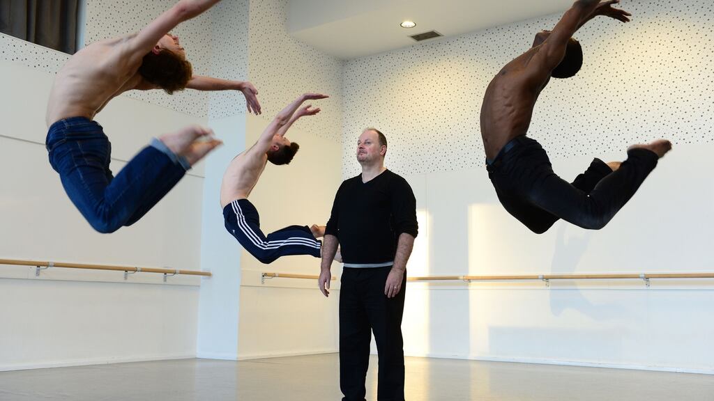 John Scott in rehearsals with Kevin Coquelard, Mufutau Yusuf and Ryan O’Neill for Precious Metal and Night Wandering. Photograph: Dara Mac Dónaill