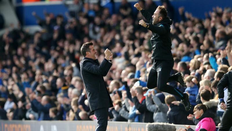 Marco Silva celebrates after Bernard opened the scoring for Everton against West Ham. Photograph: Jan Kruger/Getty