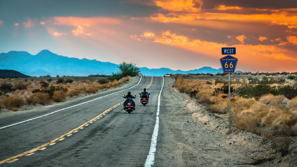 Next stop, Santa Monica: motorbikes heading west on Route 66