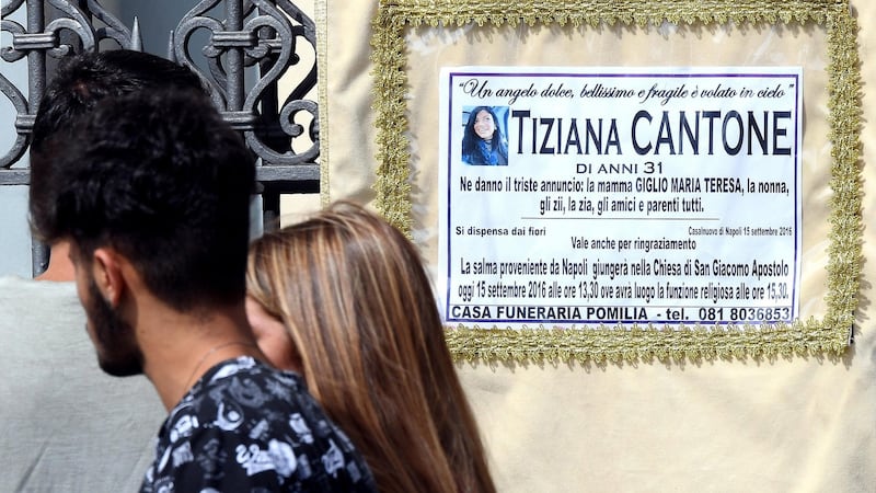 A poster seen at the funeral of Tiziana Cantone on Friday in Naples. Photograph: Ciro Fusco/EPA