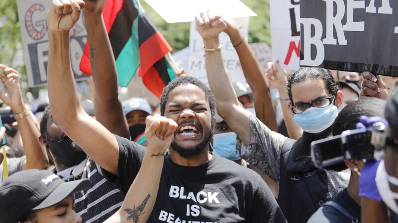 George Floyd memorial demonstration at Cadman Plaza in Brooklyn, New York: Republican senator Lisa Murkowski is “struggling” with whether she can vote for Trump in November’s election. Photograph: Justin Lane