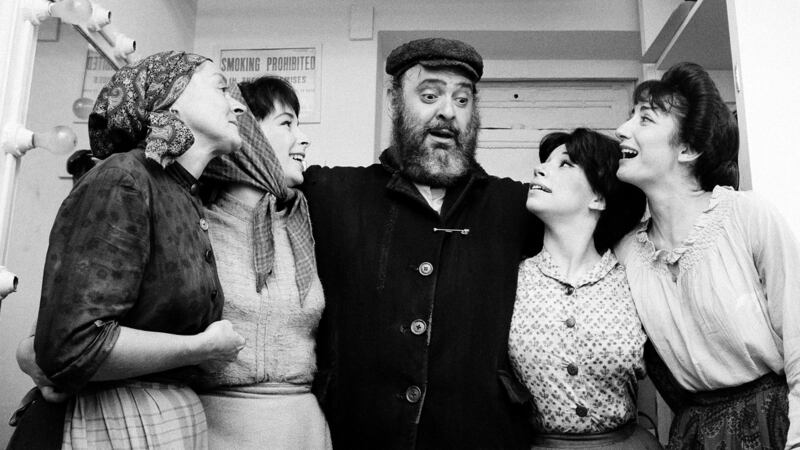 Zero Mostel and costars backstage on the Broadway opening night of Fiddler on the Roof in 1964