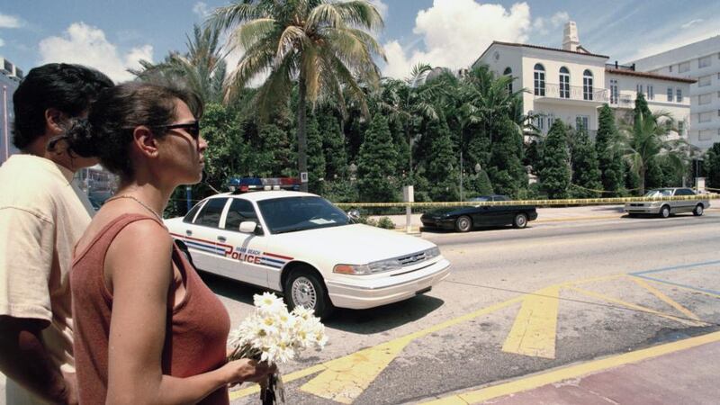 Fans bring tributes to the Miami Beach home of Italian fashion designer Gianni Versace, shortly after his murder, Florida, July 15th, 1997. Photograph: Georges De Keerle/Getty
