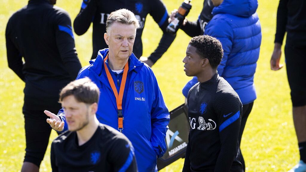 Dutch manager Louis van Gaal during a training session at the KNVB Campus in Zeist ahead of the friendly international against Germany on Tuesday. Photograph: Koen Van Weel