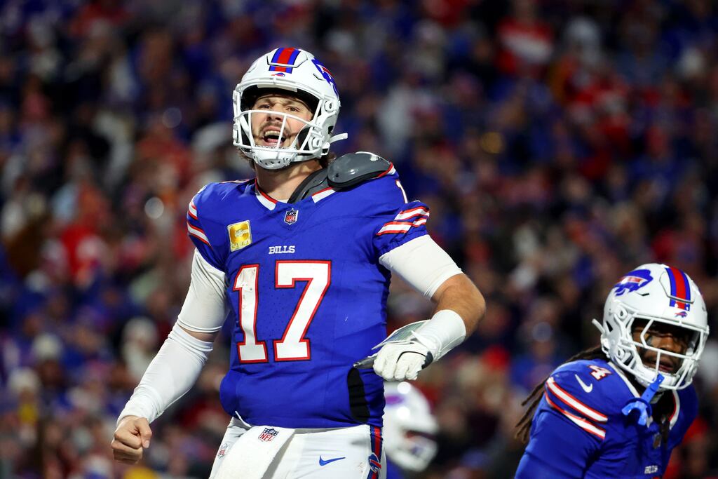 Josh Allen of the Buffalo Bills reacts after his sensational rushing touchdown against the Kansas City Chiefs during the fourth quarter at Highmark Stadium. Photograph: Timothy T Ludwig/Getty Images