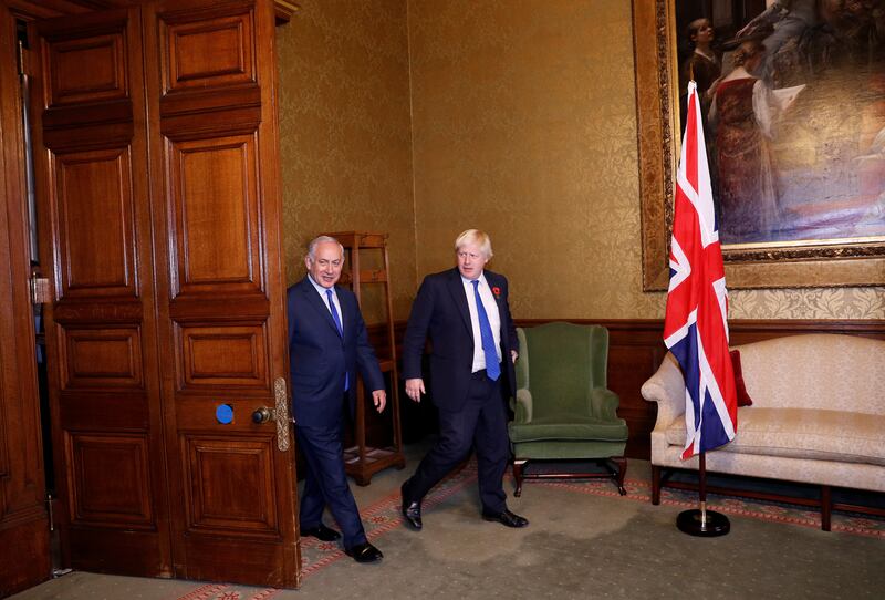 Johnson brings Israeli prime minister Binyamin Netanyahu into the  foreign office in 2017: The former PM thinks Netanyahu may have planted a listening device in his toilet. Photograph: Darren Staples/Getty Images