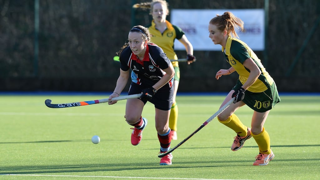 Gemma Frazer of Belfast Harlequins (left) and Anna May Whelan of Railway Union. Photograph: Rowland White/Presseye/INPHO