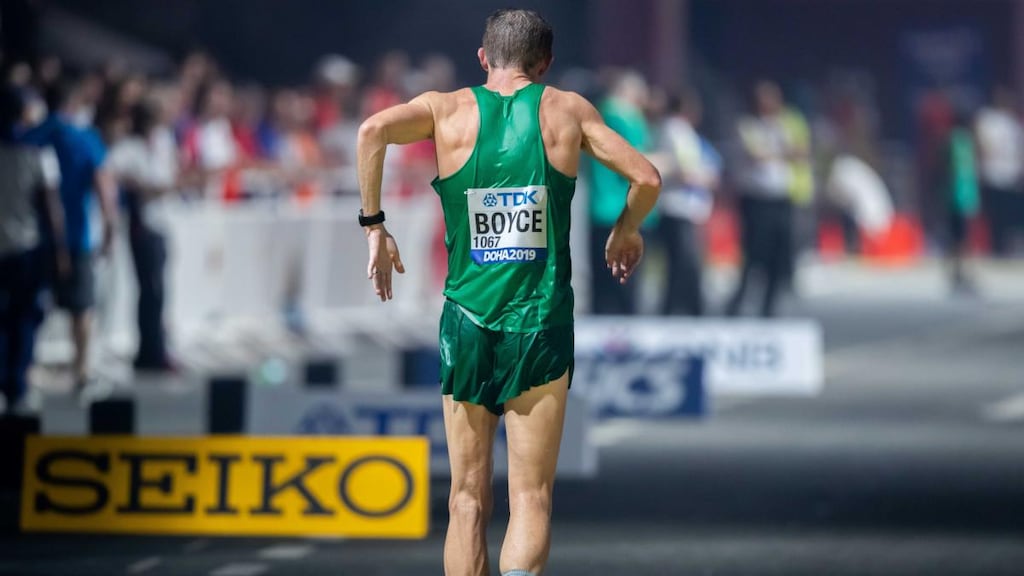 Ireland’s Brendan Boyce moonwalks across the finish line as he came home sixth in the 50km walk at the IAAF World Athletics Championship at Corniche in Doha. Photograph: Morgan Treacy/Inpho