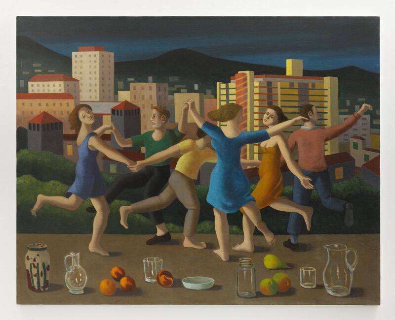 Stephen McKenna Poussinesque – Euphoria (2012) oil on canvas 120x150cm. Image courtesy: The Stephen McKenna Estate and Kerlin Gallery