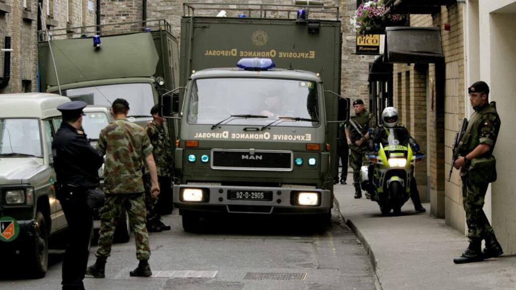 Members of the Army Bomb Disposal team: According to figures released by the Army, 85 of the 250 call-outs in 2013 were to deliberately placed “improvised explosive devices” – the majority of which were in the Dublin area. Photograph: David Sleator