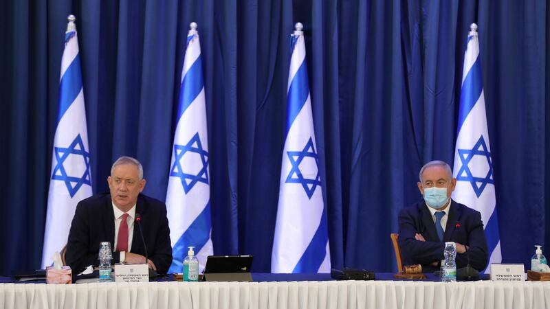 Israeli prime minister Binyamin Netanyahu, right, and defence minister Benny Gantz in Jerusalem. Photograph: Abir Sultan/Pool/EPA