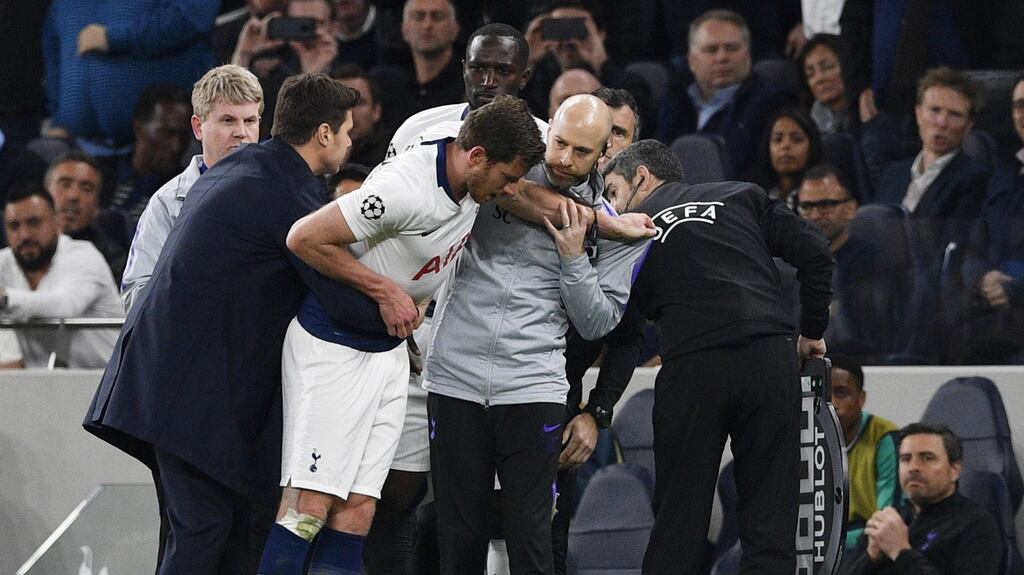 Tottenham Hotspur defender Jan Vertonghen is helped off the pitch during the Champions League semi-final first leg against Ajax at Tottenham Hotspur Stadium. Photograph: Neil Hall/EPA