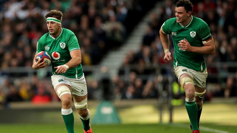 Ireland’s Caelan Doris and James Ryan at the Guinness Six Nations Championship Round 3 match against England at Twickenham. Photograph: James Crombie/Inpho