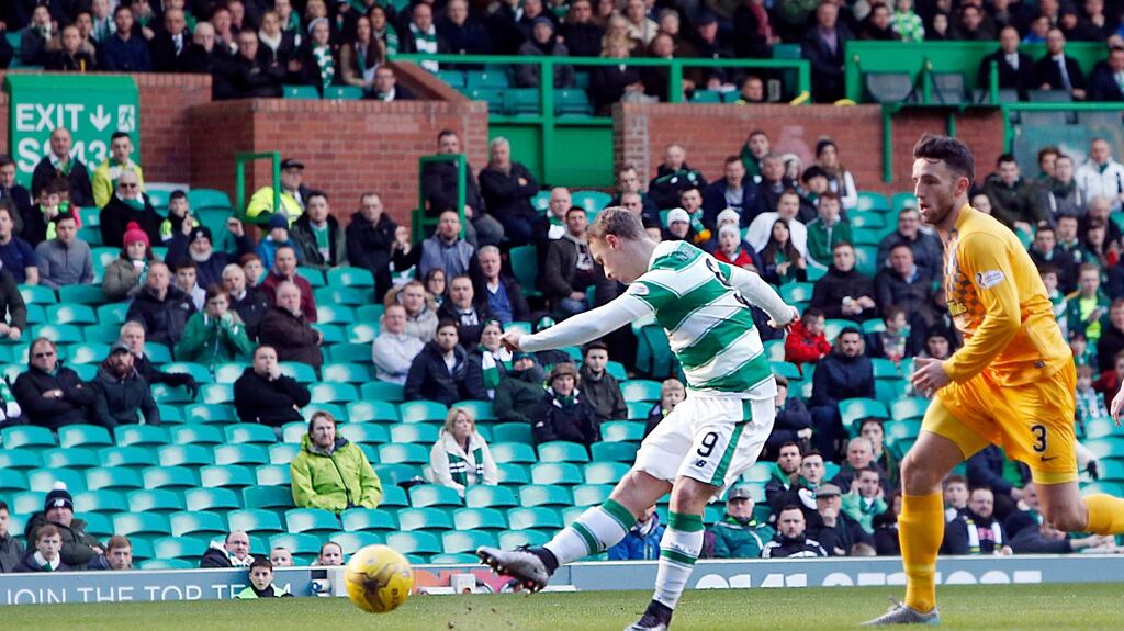 Celtic’s Leigh Griffiths scores his sides first goal during the William Hill Scottish Cup, Quarter Final match against Morton. Photo: Danny Lawson/PA