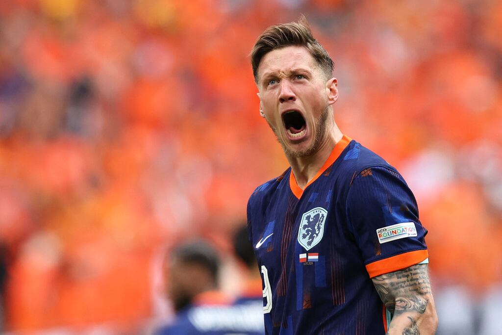 Netherlands' forward Wout Weghorst celebrates after scoring the winning goal during the Euro 2024 Group D football match against Poland at the Volksparkstadion in Hamburg. Photograph: Ronny Hartmann/AFP via Getty Images