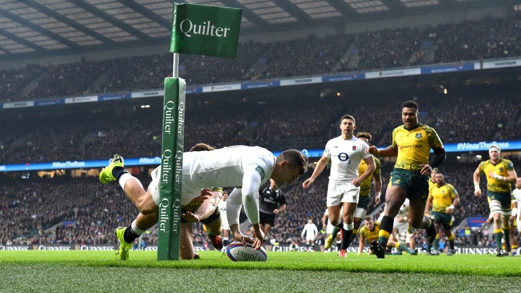 Jonny May scores England’s first try during the autumn international against Australia at Twickenham. Photograph: Dan Mullan/Getty Images