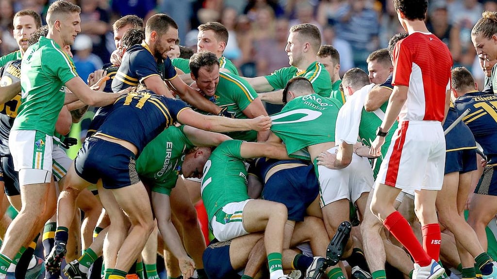 Ireland and Australia get to grips with each other during the last International Rules series in 2017. Photograph: Tommy Dickson/Inpho