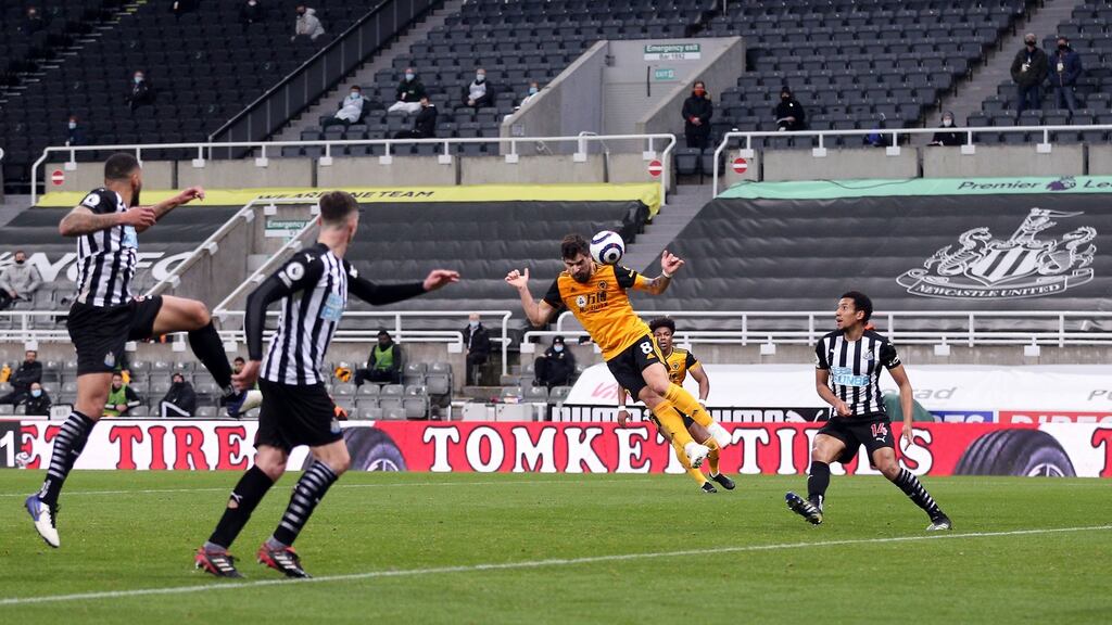 Ruben Neves equalises for Wolves against Newcastle at St James’ Park. Photograph: PA