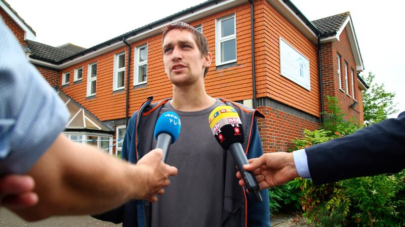 Sam Hobson, a friend of the couple that were poisoned, talks to the media outside the Amesbury Baptist Centre in Amesbury, southern England. Photograph:  Geoff Caddick/AFP/Getty Images
