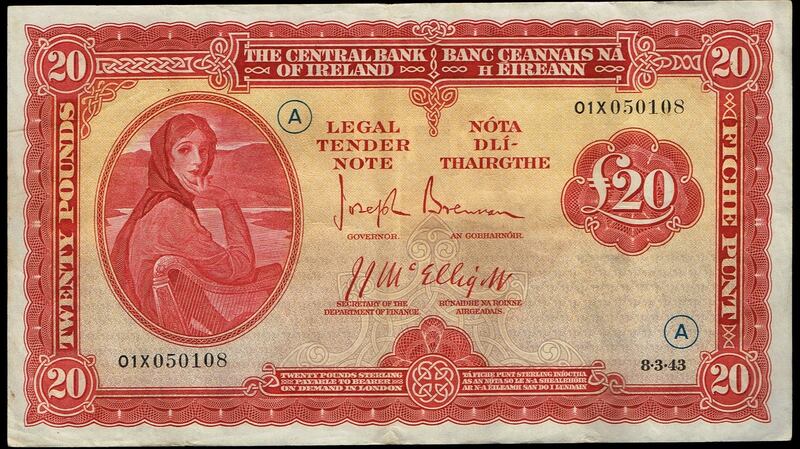Lot 454: Central Bank of Ireland Lady Lavery War Code £20 (€5,000-€6,000) at Whyte’s.
