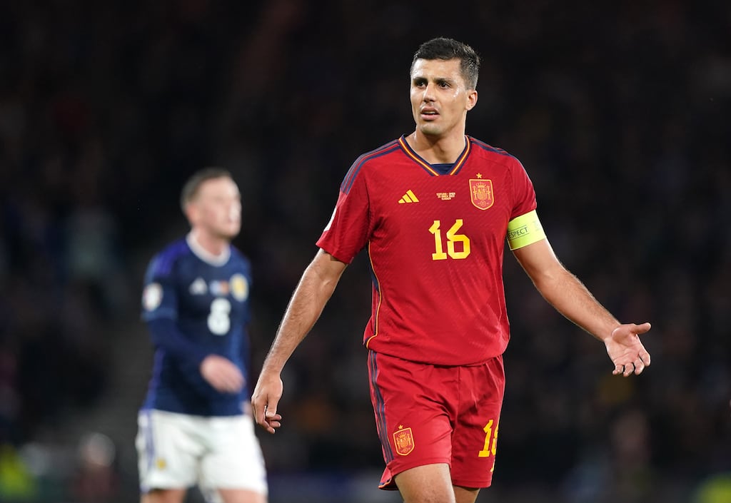 Spain's Rodri appeals to an official during the UEFA Euro 2024 qualifying group A match at Hampden Park, Glasgow. Photograph: Andrew Milligan/PA Wire