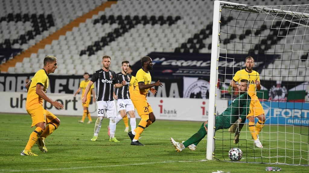 Tanguy Ndombele scores Tottenham Hotspur’s winning goal in the Europa League game against Lokomotiv Plovdiv. Photograph: Vassil Donev/EPA