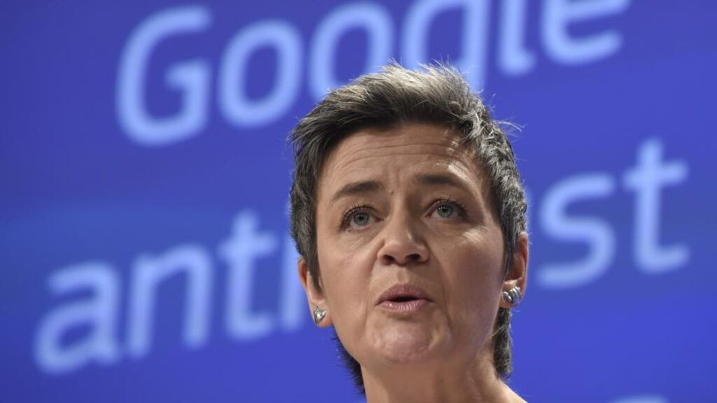 European competition commissioner Margrethe Vestager in Brussels, where the EU charged Google with abusing its dominant position as Europe’s top search engine. Photograph: John Thys/AFP/Getty Images
