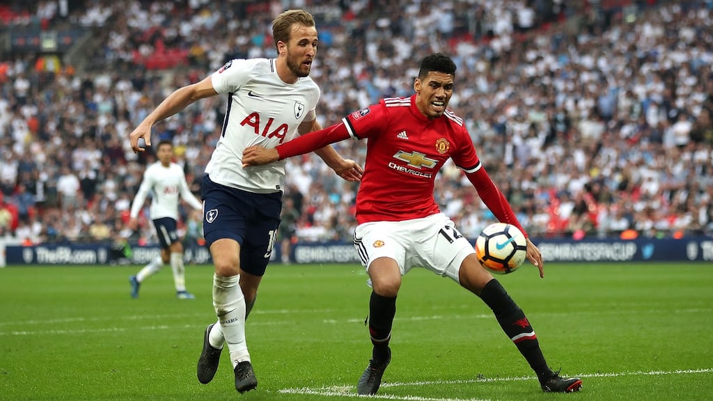 Tottenham Hotspur’s Harry Kane and Manchester United’s Chris Smalling battle for the ball at last Saturday’s FA Cup semi-final at Wembley. Photograph: Nick Potts/PA Wire