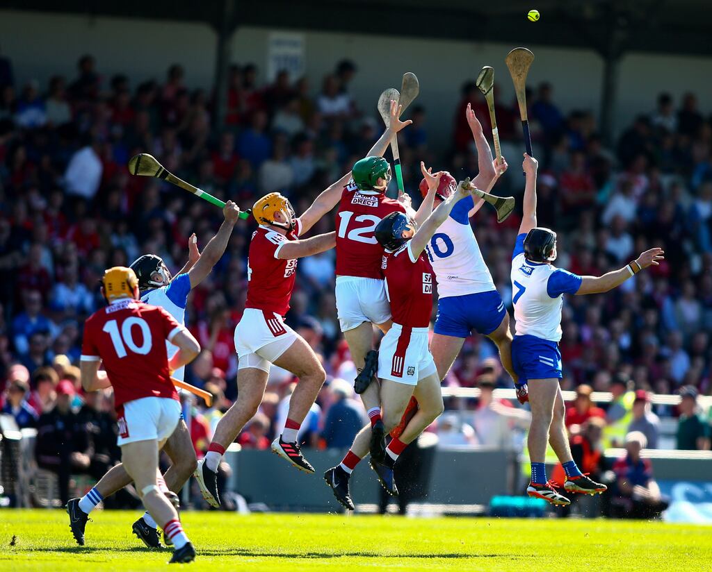 Both sets of players look for possession of the ball during Cork's recent defeat to Waterford. Photograph: Ken Sutton/Inpho