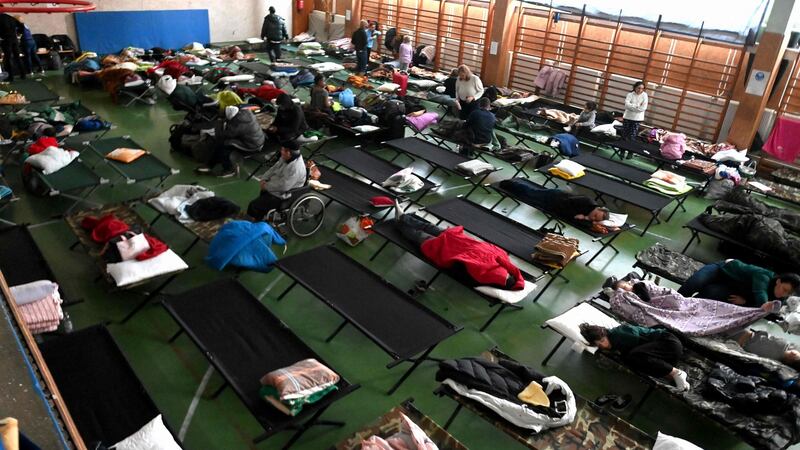 Ukrainian refugees in a temporary refugee centre at the local primary school in Zahony, Hungary, close to the Hungarian-Ukrainian border. Photograph: Attila Kisbenedek/AFP via Getty Images
