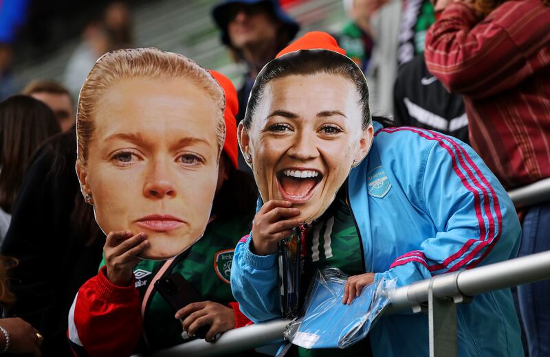 Ireland fans with cardboard cutouts of Ruesha Littlejohn and Katie McCabe at the women's international friendly at Q2 Stadium, Austin, Texas. Photograph: Ryan Byrne/Inpho
