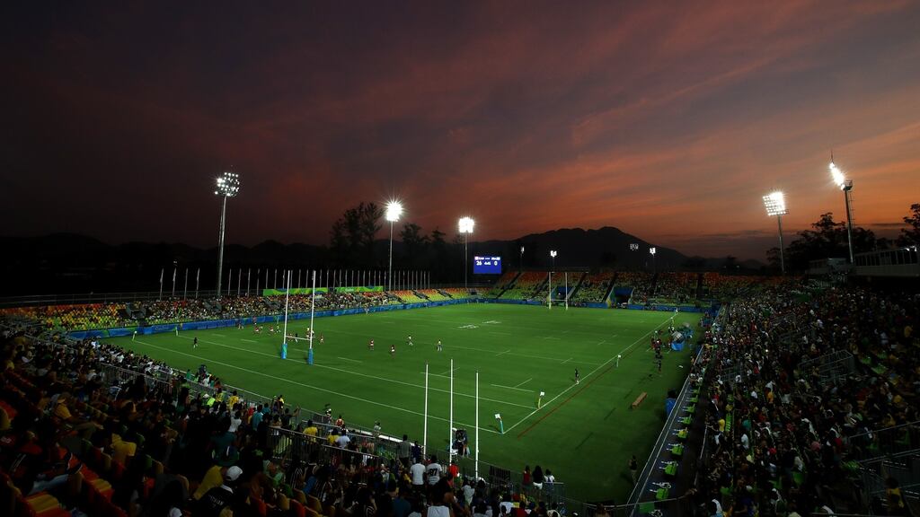 A general view of the Deodoro Stadium during the Women’s Pool C rugby match between Canada and Brazil. Photograph: Mark Kolbe/Getty Images