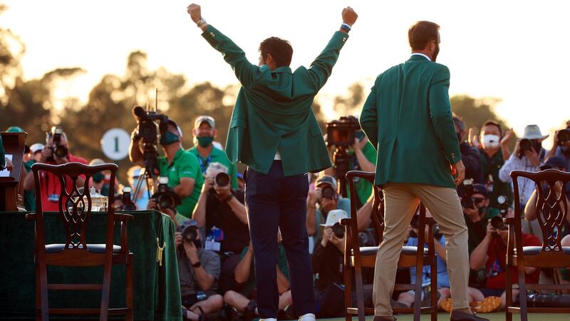 Hideki Matsuyama of Japan celebrates during the green jacket ceremony after winning the Masters at Augusta National Golf Club. Photograph: Mike Ehrmann/Getty Images