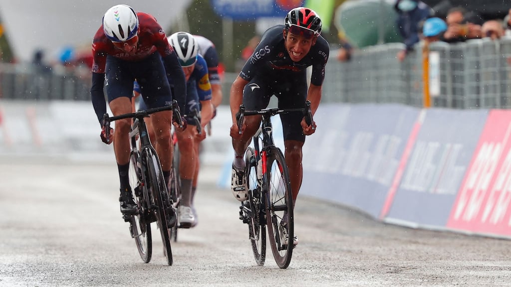 Team Israel Start-Up Nation rider Ireland’s Dan Martin of Team Israel Start-Up Nation and Colombia’s Egan Bernal of Team Ineos sprint to place second and third of the sixth stage of the Giro d’Italia on May 13th. Photograph: Luca Bettini/AFP via Getty Images