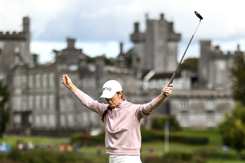 Áine Donegan celebrates folllowing a birdie on the 10th hole during the Irish Open at Drumoland Castle. Photograph: Ben Brady/Inpho