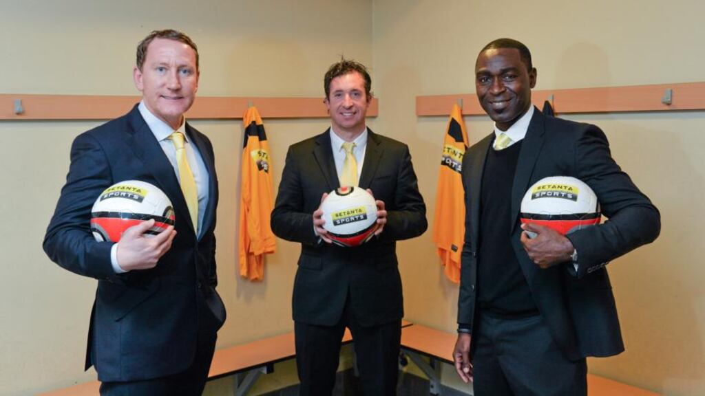 Ray Parlour, Robbie Fowler and Andrew Cole in Dublin yesterday to promote Setanta Sports’ live TV coverage of upcoming Premier League fixtures. Photo: Matt Browne/Sportsfile