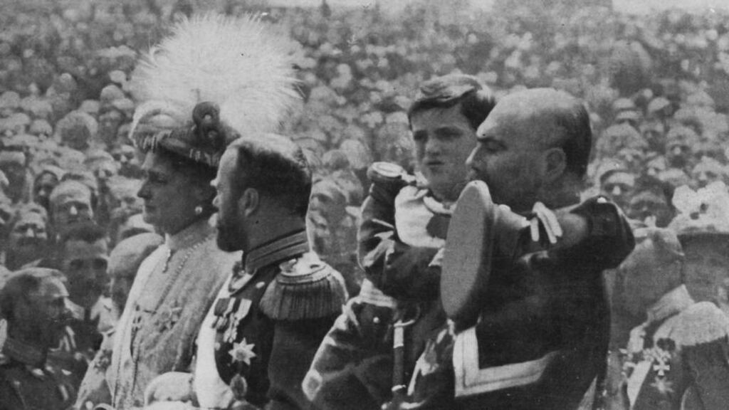 The last tsar of Russia, Nicholas II (centre) with his wife Tsarina Alexandra and their son Alexis (being held by a Cossack) during celebrations at the Kremlin in 1913 to mark the Romanov family’s 300 years in power. The first World War broke out the following year. Photograph: Henry Guttmann/Getty Images