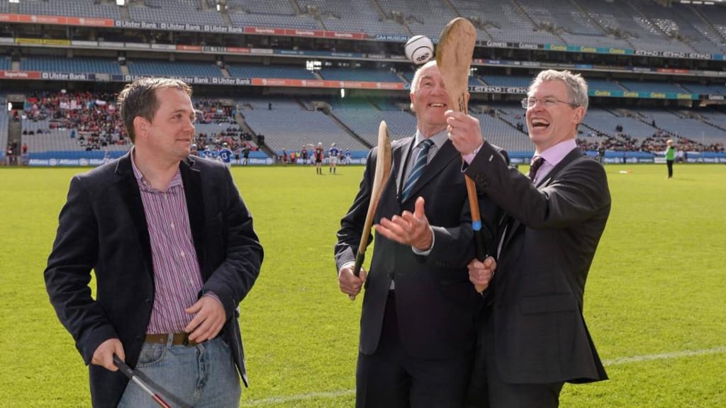 Clare manager Davy Fitzgerald, former Kilkenny star Eddie Keher and former Derry star Joe Brolly at the launch of the 14th Annual All-Ireland GAA Golf Challenge in aid of Opt For Life and Local Waterford Charities at  Croke Park on Tuesday. Photograph: Sportsfile