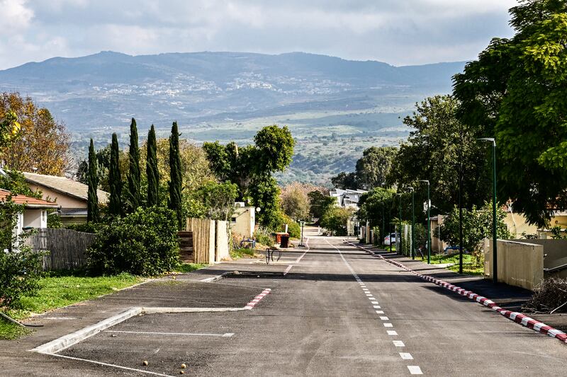 An empty street in the evacuated Kibbutz Dafna in northern Israel, about a kilometre away from the border with Lebanon, on January 4th. Photograph: Alberto Pizzoli/AFP/Getty