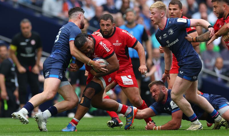 Toulouse’s Peato Mauvaka and Dorian Aldegheri with Leinster's Robbie Henshaw, Jamie Osborne and Jason Jenkins. Photograph: James Crombie/Inpho
