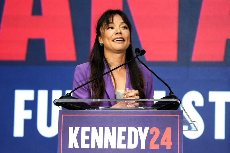 Silicon Valley lawyer and investor Nicole Shanahan delivers remarks after Robert F Kennedy, an independent presidential candidate, announced her as his running mate in Oakland, California, on Tuesday. Photograph: Jim Wilson/New York Times