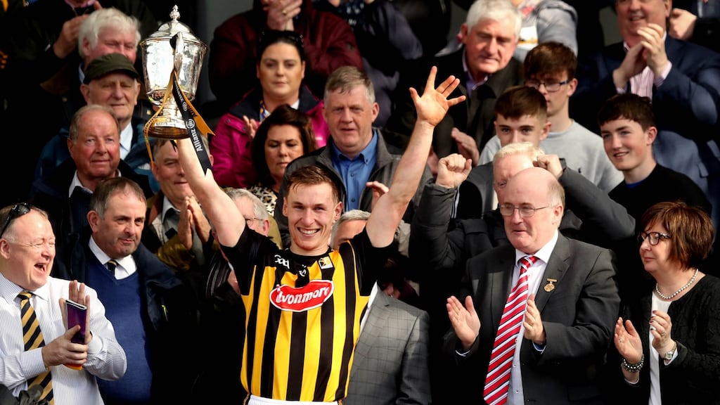 Kilkenny’s Cillian Buckley lifts the league trophy at Nowlan Park. Photograph: Ryan Byrne/Inpho