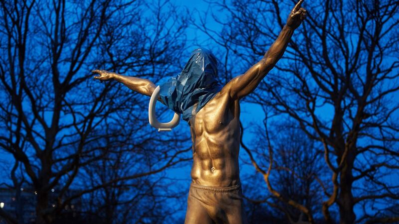 The statue of Zlatan Ibrahimovic in Malmo was vandalised after he bought 25 per cent of rivals Hammarby. Photo: Andreas Hillergren/Getty Images